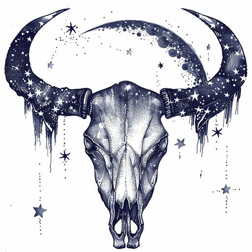 Bull skull with celestial theme on white background