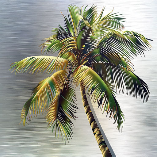 Flat, metallic silver background supporting a realistic coconut tree clipart, featuring glossy effects and high-resolution clarity