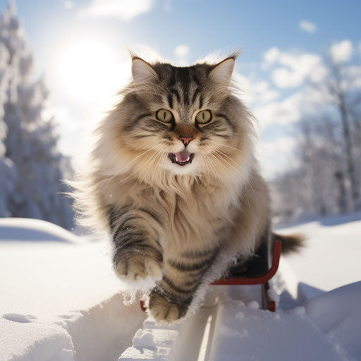 A Siberian cat sledding down a hill in the snow