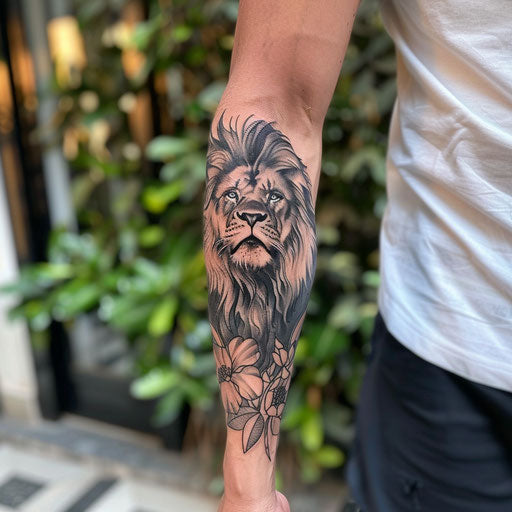 Men's forearm tattoo with a lion, Ami James style