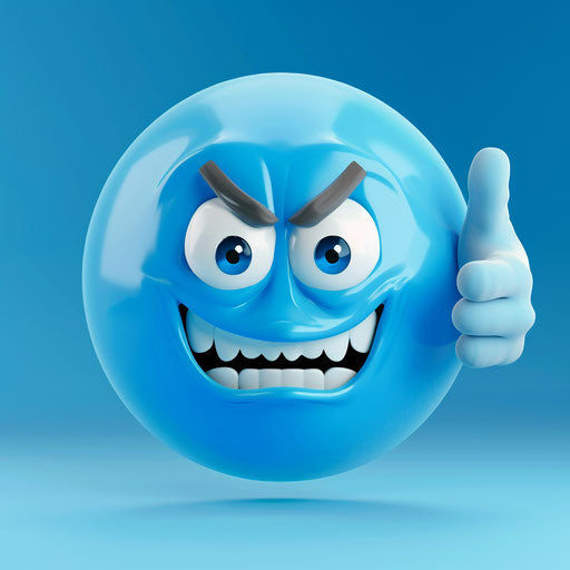 Angry blue smiley face with white hand, clipart on solid background
