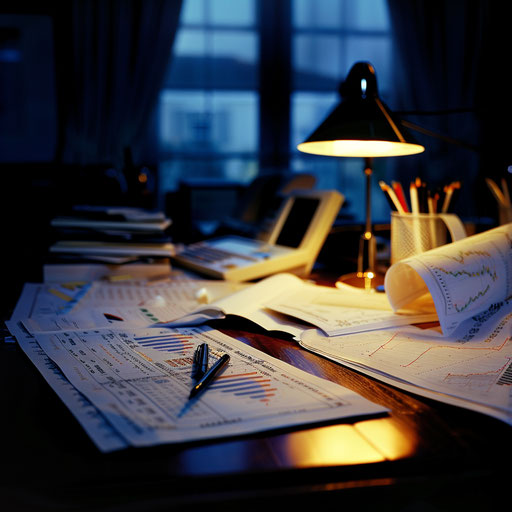 Financial composition with charts illuminating a trader's desk