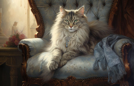 fluffy grey cat sitting on a chair