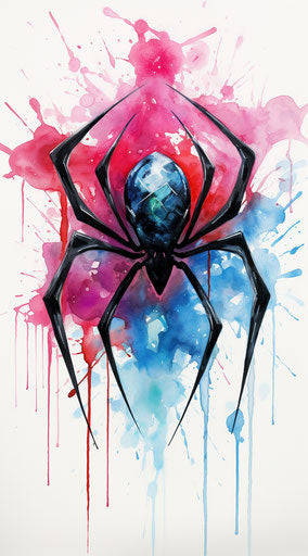Black spider on white background, colorful ink wash style