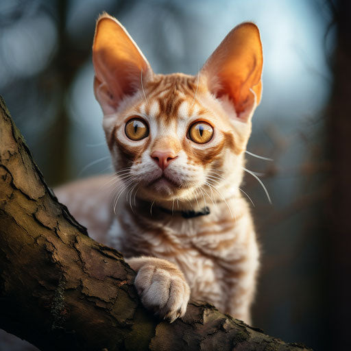 Devon rex cat lying on a tree branch