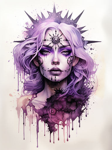 Purple witch and black sun - ink-washed style, antichrist