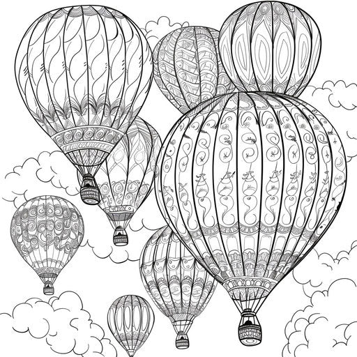 Colorful hot air balloons in the sky, coloring page
