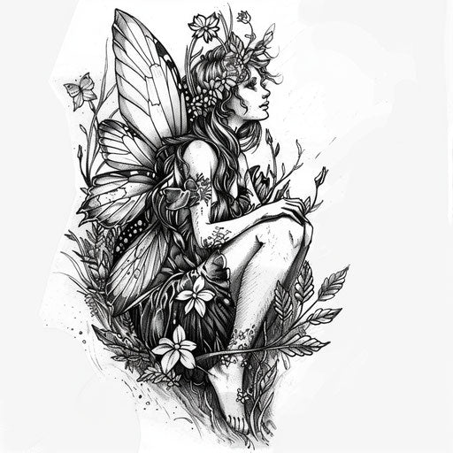 Floral fairy tattoo surrounded by wildflowers