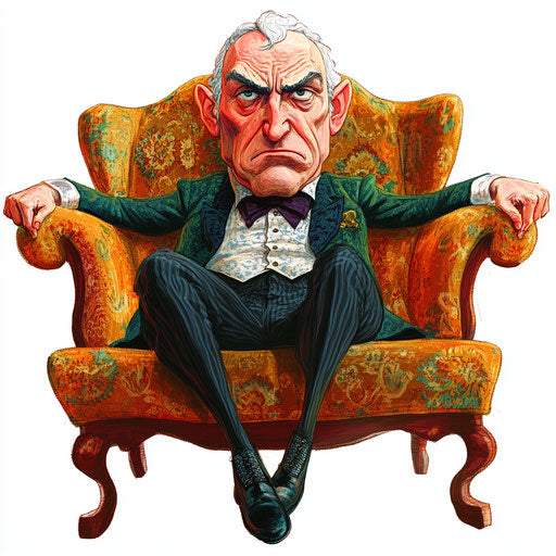 Humorous caricature of an Alessandro Volta clipart with human characteristics, exaggerated arched eyebrows, thin arms, sitting on a couch, vibrant colors, cartoon style, angry, high resolution, no background, isolated
