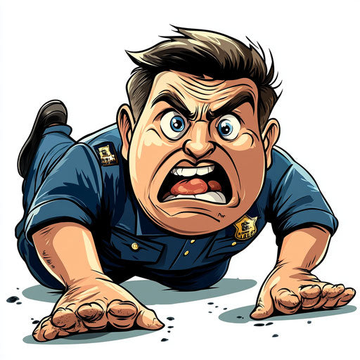 Surprising security guard caricature lying on the ground