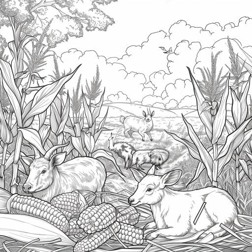 Corn feast in a field, playful animal scene