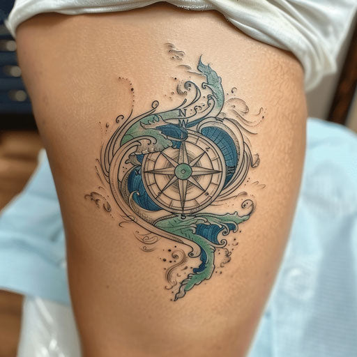 Nautical compass tattoo of true north intertwined with waves