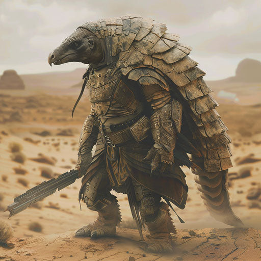 Pangolin warrior in a post-apocalyptic wasteland