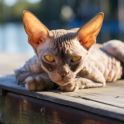 Devon rex cat lying on a dock