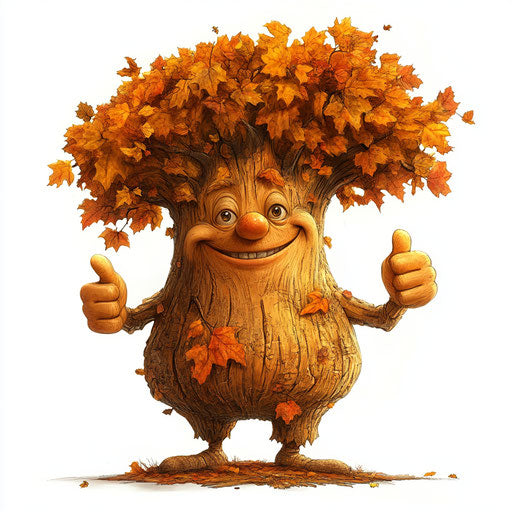 Humorous caricature of a fall tree with human characteristics