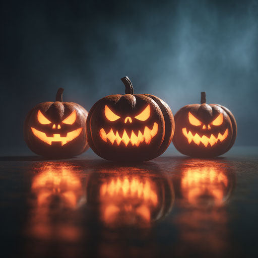 Three Glowing Pumpkins Against a Dark Background