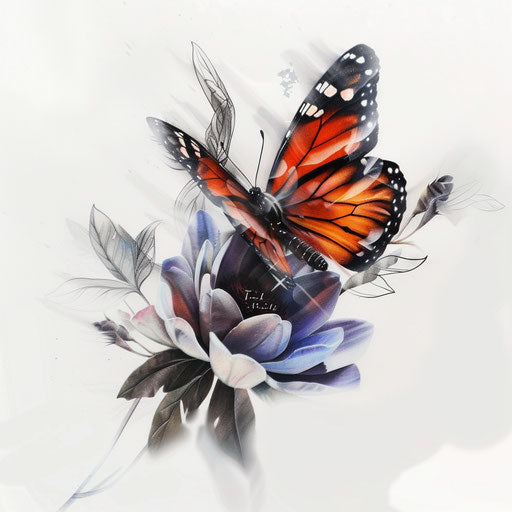 3D illusion of a butterfly flying out of a flower, hyper-realistic tattoo, on a white backdrop.