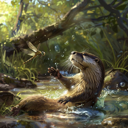 Playful chase between an otter and a dragonfly along the river