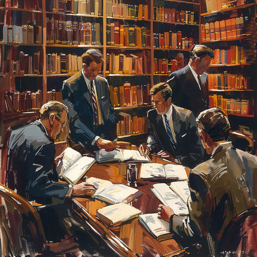 Legal team preparing for a major case in a library