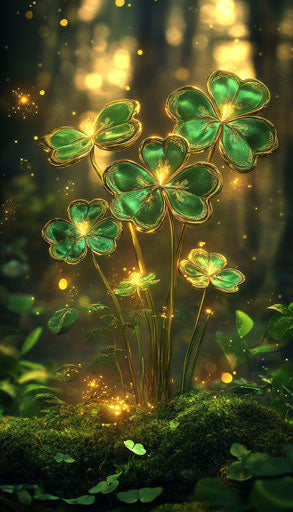 Gold and green shamrocks in an enchanted forest