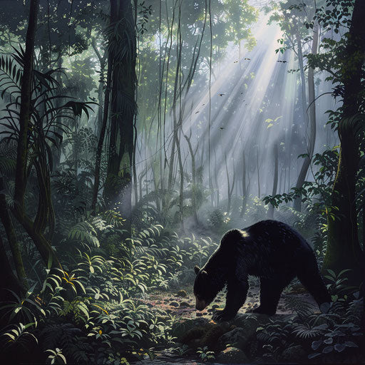 Morning scene in bear habitat with mist and foraging bear