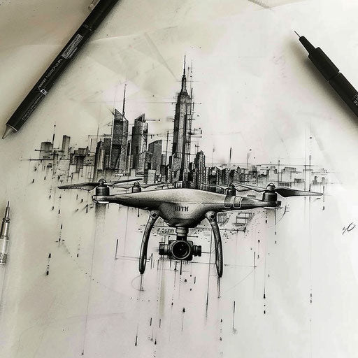 Realistic tattoo sketch of a drone flying over a cityscape