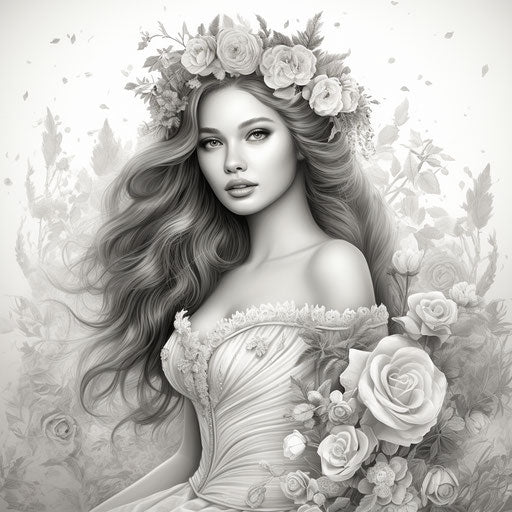 Princess in Wedding Dress Coloring Page with Flowers