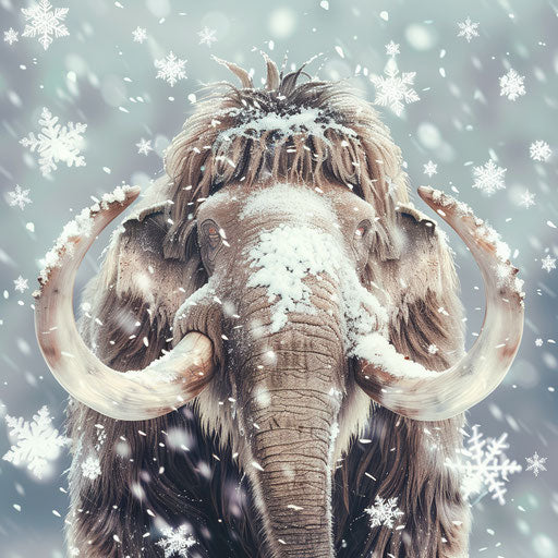 Woolly mammoth with snowflakes on its fur, soft and gentle