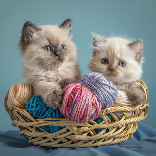Two Himalayan kittens playing in a basket of colorful yarn