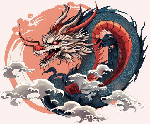 Dragon tattoo image, transparent background, ukiyo-e style, silver and dark red