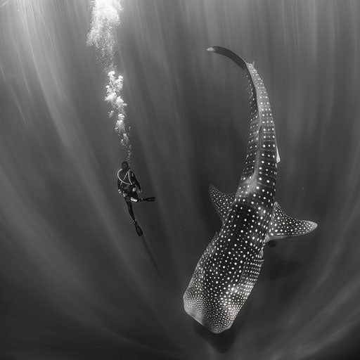 Contrasting scale of whale shark and freediver showcases gentle nature of giant in clear waters.