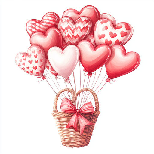 A basket full of heart-shaped balloons, clipart style