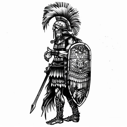 Vintage woodcut Aztec warrior tattoo design