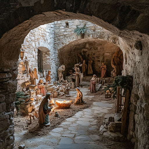 Intimate Nativity scene with detailed wooden figures