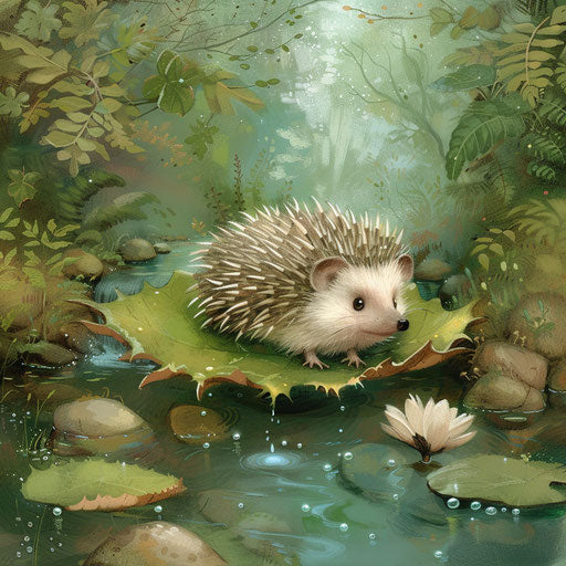 Hedgehog floating on a leaf in a babbling brook