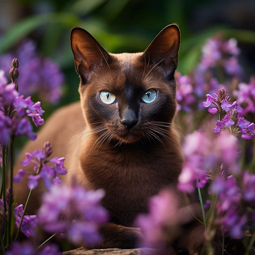 Burmese cat in a flower bed with beautiful flowers