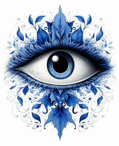 Black eye with dark blue leaves, white background, mystical art