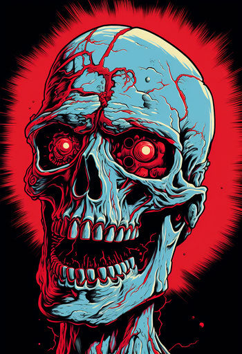 Zombie head in silver and red, cartoon style