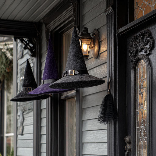 Magical Porch Scene with Witch Hats on Display