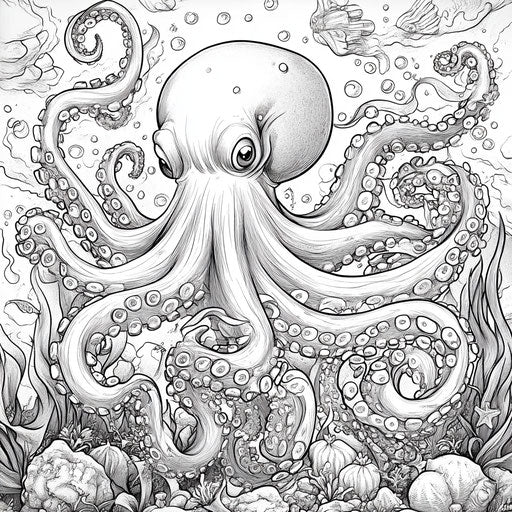 Octopus with flowing tentacles in an underwater setting
