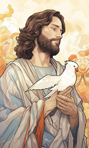 Jesus holds a dove with the word ixxxx x