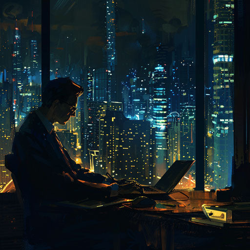 Businessman working late at night with city lights