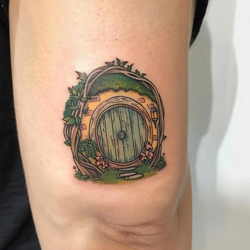 Small tattoos for women in the style of Peter Jackson with a tiny hobbit door