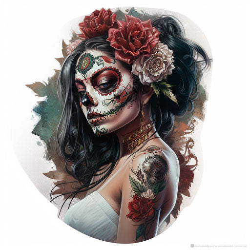 Girl tattoos Mexico Day of the Dead, feminine sticker art style
