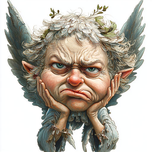 Humorous caricature of an angel with human characteristics
