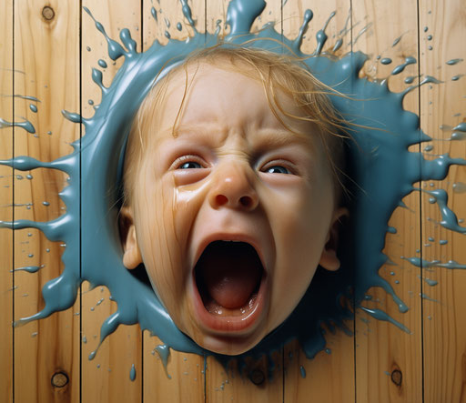 A baby sneezing through a wooden board