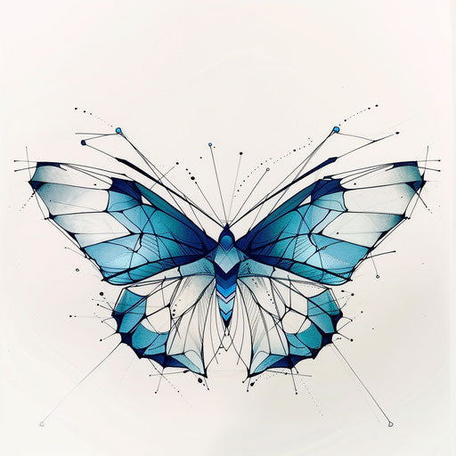 Geometric blue butterfly in minimalist flat tattoo sketch