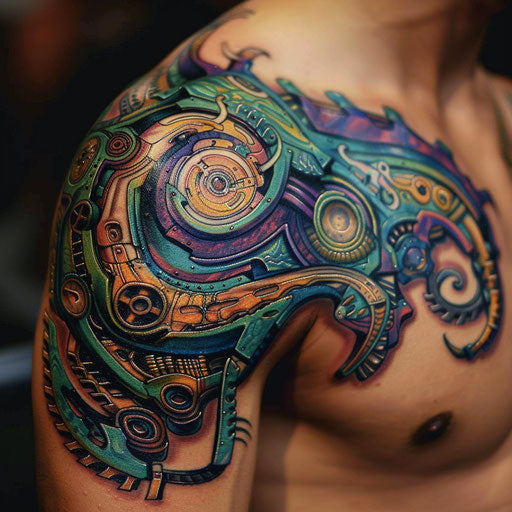 Abstract and colorful biomechanical shoulder tattoos for men