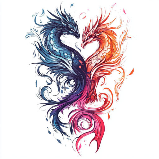 Sketch of intertwined dragon and phoenix tattoos in contrasting colors on white background