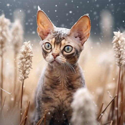 Devon Rex cat in a field during snowfall